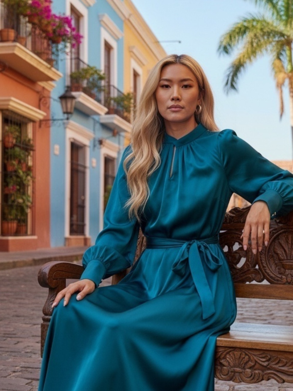 Elegant Teal Satin Long-Sleeve Max Dress with Waist Tie 3xl